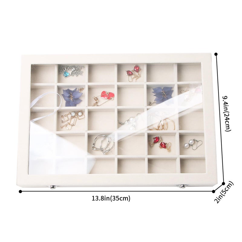 Stratalife Jewelry Organizer Jewelry Tray with Lid See-through Display Showcase Large Earring Organizer Velvet Storage Box for Earring Necklace Rings Dice Beige (24 Grids) - Image 4